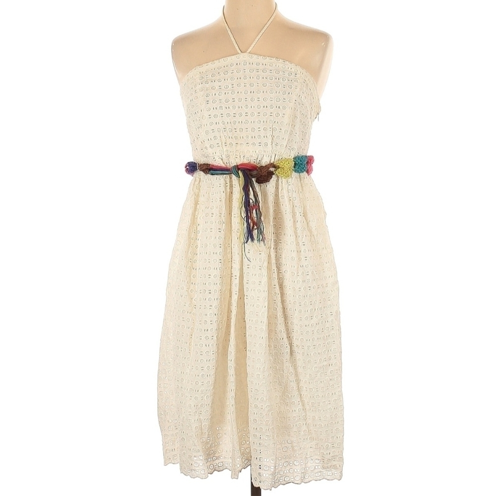 Anthropologie HD in Paris Blanched Eyelet Dress with Woven Rainbow Belt